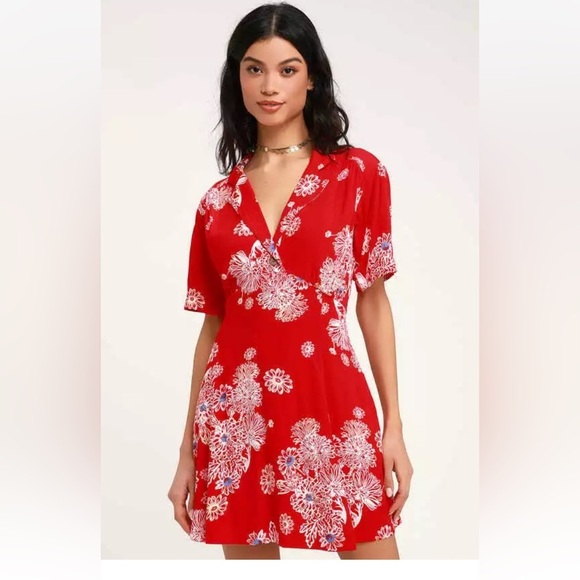 Free People Red Floral‎ Mini Dress Fit & Flare Boho Hawaii XS - Picture 1 of 12